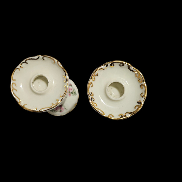 Formalities by Baum Bros Rose Floral Candlestick Holders Pair Gold Trim - Picture 5 of 6